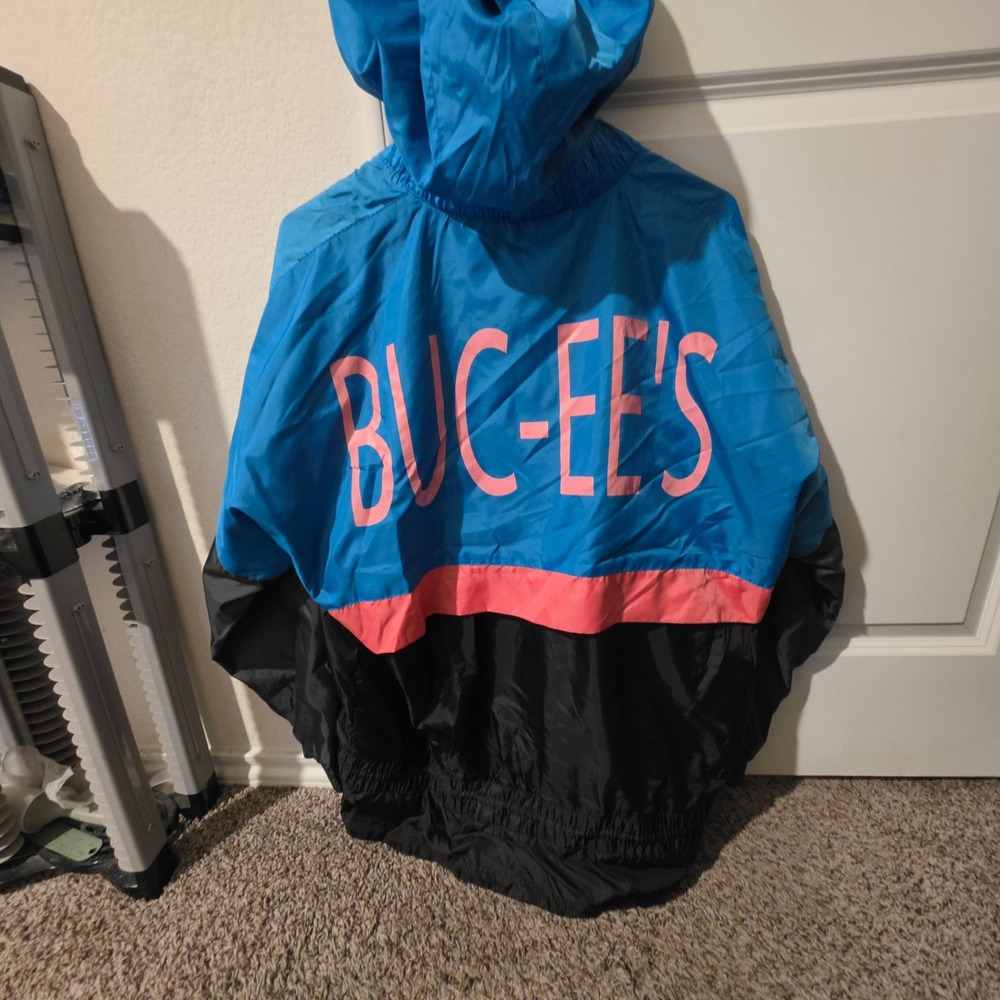 Buc-ee's Mens XL Colorblock Windbreaker Jacket Blue Black Pink Leopard Hood XL - Picture 4 of 7